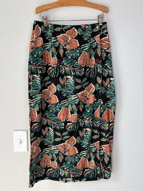Vintage Access Tropical Floral Print Black Cotton Midi Wrap Skirt